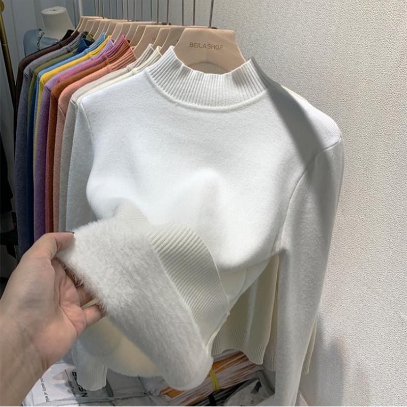 Свитер-пуловер из бархата с полувысоким воротом для женщин, осенне-зимний, толстый, плюшевый, теплый, вязаный, женский, винтажный, облегающий, повседневный, вязаный джемпер 25271