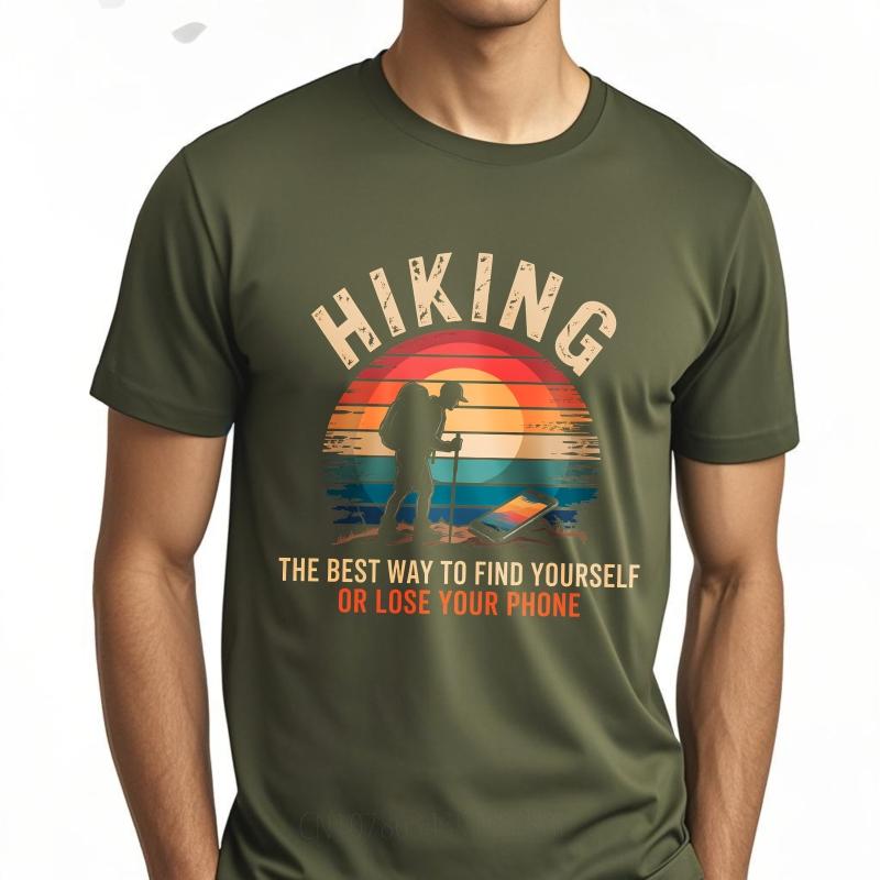 Anime Man Summer Tshirt Hiking Sunset Hiker Phone Nature Adventure Outdoors Exploration Short Sleeve Cotton ONeck Women