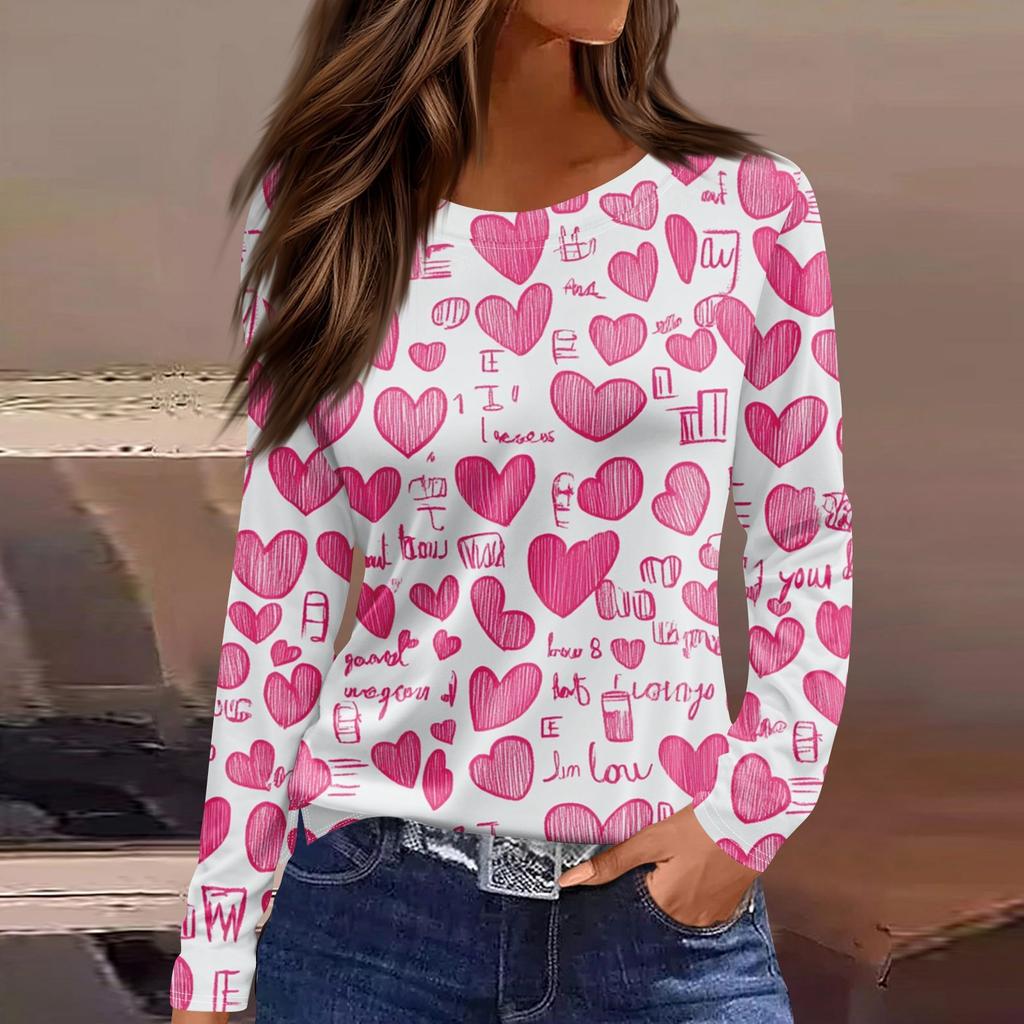 Women's Fashion Valentine's Day Printed Round Neck Casual Long Sleeve Top