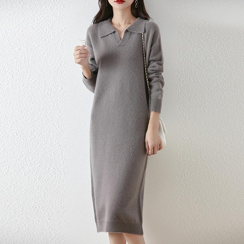 Женское платье-свитер 100% шерсть MODERN NEW SAGA V-образный вырез трикотажный длинный пуловер воротник поло зимние джемперы шерстяное длинное платье женское