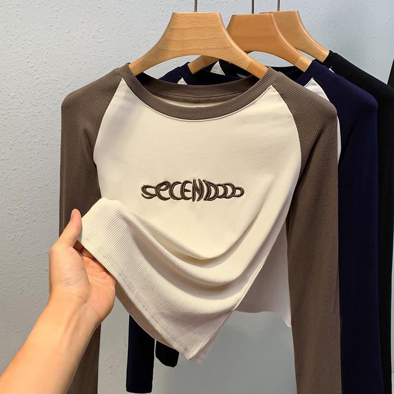 Женский осенне-зимний круглый вырез, контрастные цвета, длинный рукав, тонкий прошитый топ