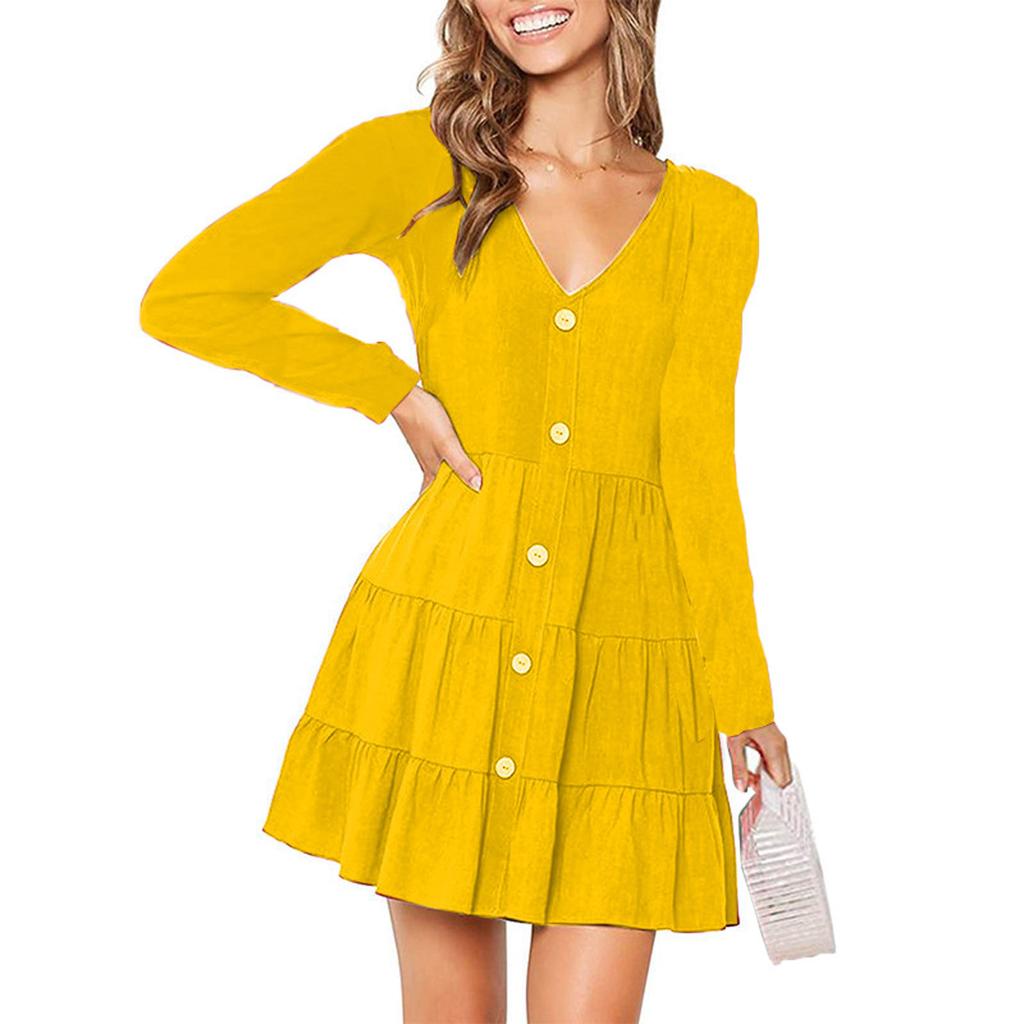Women's Casual Button Down Long Sleeve V Neck Flowy Loose Fit Swing Cute Short  Dress