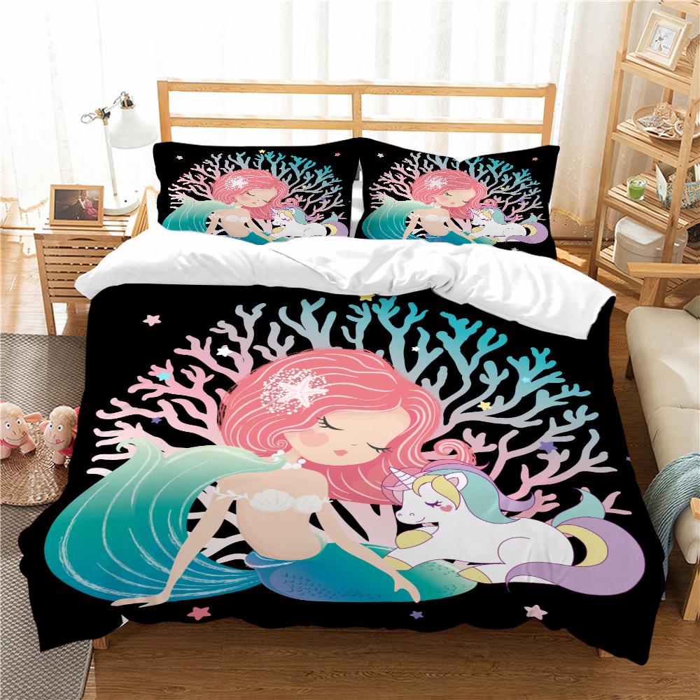 Mermaid Bedding 3D Girl Princess Room Duvet Cover Pillowcase 2/3pcs Single/double Bed Full-size Home Textile Girl Woman Gift