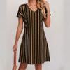 Women Summer Short Sleeve V Neck Striped Loose One Piece Dress