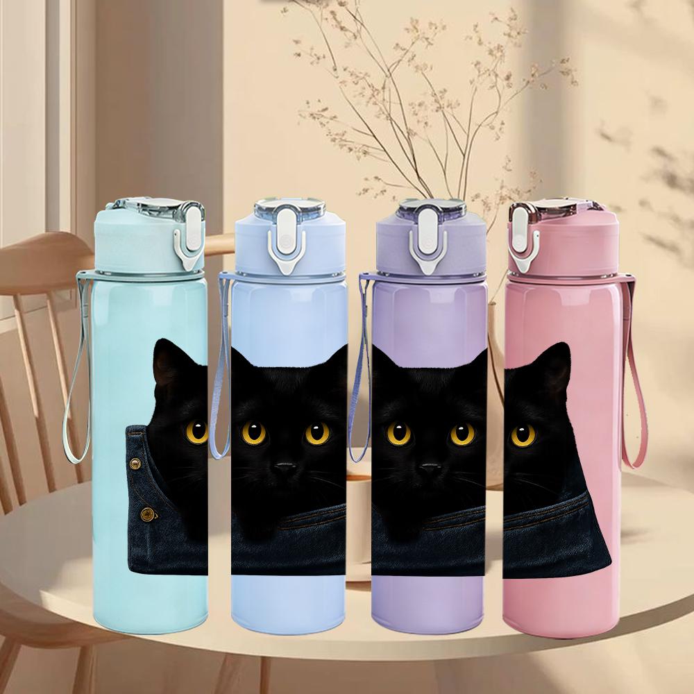 1PC Black Cat Denim Pocket Hidden 750ml Color Plastic Sports Water Bottle Leakproof Flip Straw Lid Suitable for Sports Office Home Use