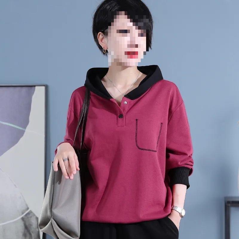 Women's Autumn New Style Hoodie Color Block Contrast Stitching Pocket Loose Fashion Patchwork Middle Aged Mom Wear Pullover Top