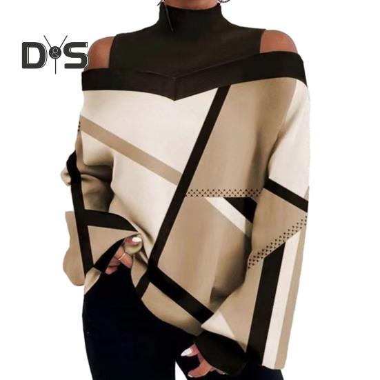 Women Fall Spring Top Hollow Out Off Shoulder Color Matching Geometric Print Long Sleeves Loose High Collar Pullover Lady Mid Length T Shirt Blouse
