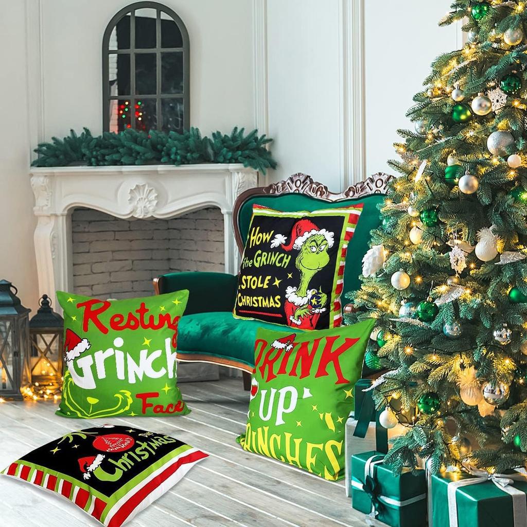 4PCS Christmas Happy Throw Pillow Cover, 18 X 18 Inch, Winter Holiday Cushion Cover Sofa Decor