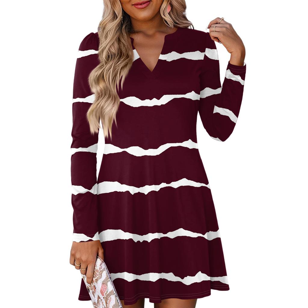 Женское модное полосатое платье с V-образным вырезом и длинными рукавами