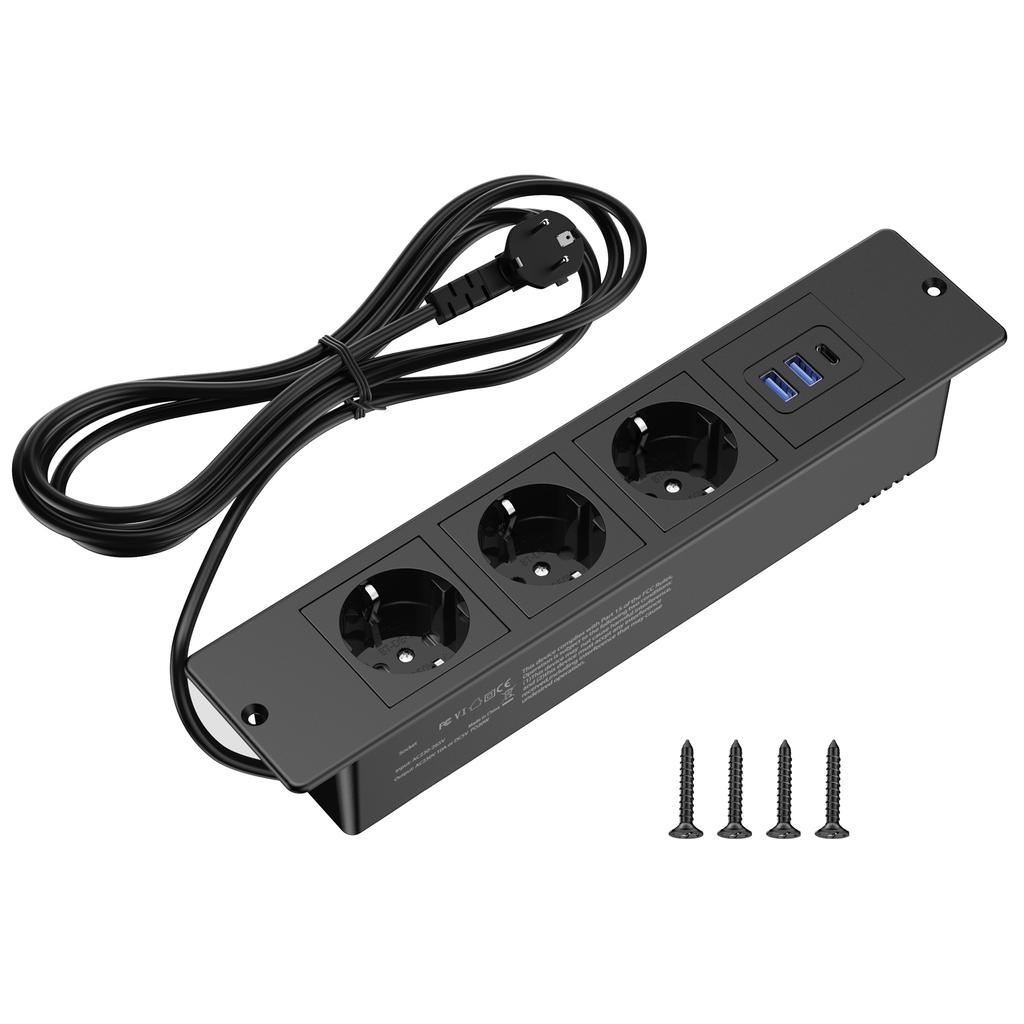 Встраиваемые розетки EU Table, встраиваемые розетки для рабочего стола с 3 розетками переменного тока, 2 USB-портами для быстрой зарядки TYPE-C, скрытый удлинитель