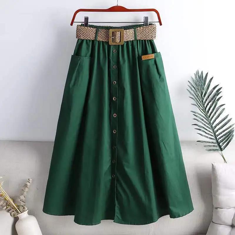 Women Summer Casual Solid Color Long Skirts High Waist A -Line Skirt Gift Belt