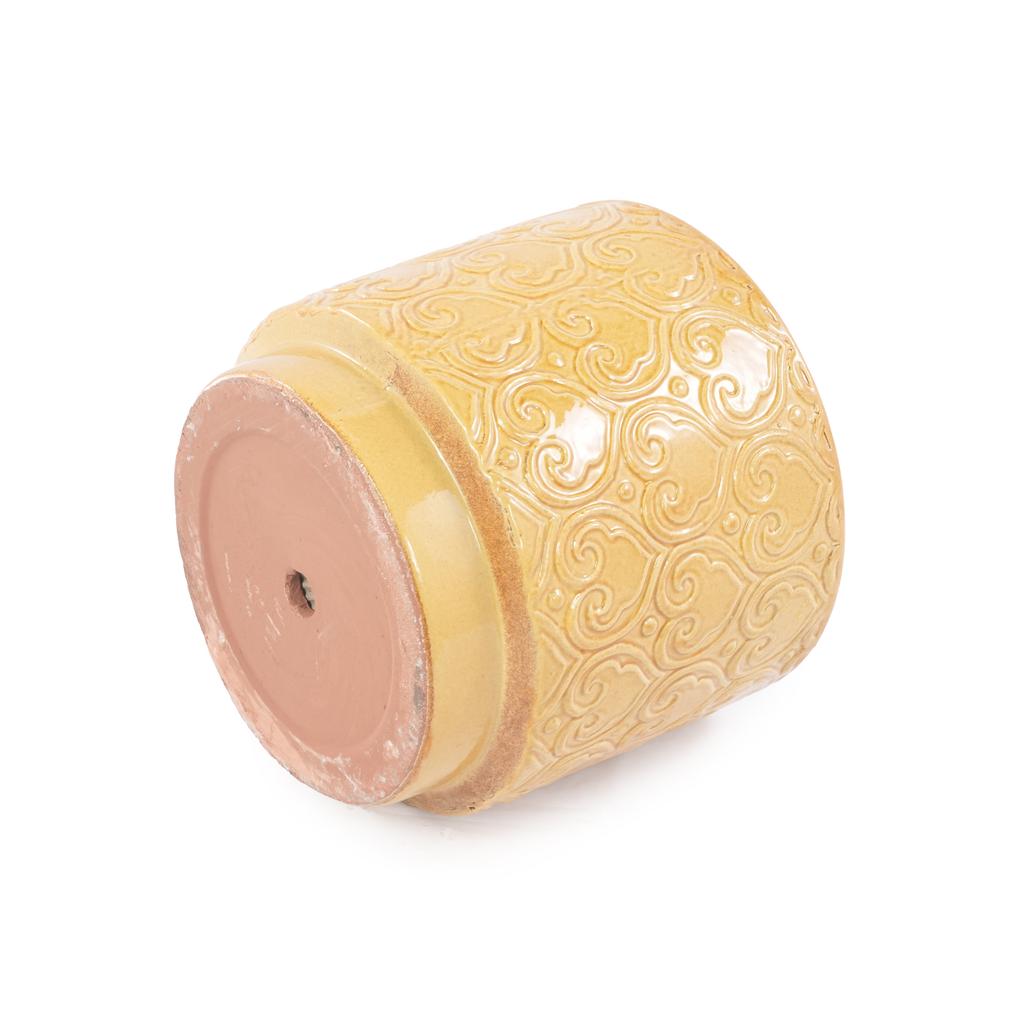 Mini Small Ceramic Plant Pot diameter 19 cm, Glossy Warm Yellow Heart-Ornament Relief, Breathable Drainage Hole for Mini Succulents and Desktop Herbs