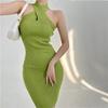 Summer Slim Knit Dress With Crosshalter Neck For Casual Women