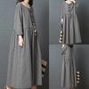 Women Long Dress Big Code Girl Japanese Style Linen Long Sleeve Checked Dress