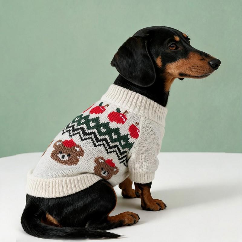 Knitted Dog Sweater With Wave Brown Bear Design Elastic Cuff Warm Pet Top Winter