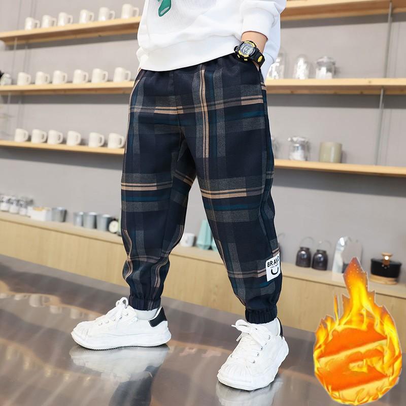 Зимние утепленные повседневные брюки для мальчиков, средние и большие детские клетчатые спортивные брюки со средней посадкой