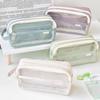 Handheld Double Layer Transparent Pencil Case Pen Bag Hitting Color Square Storage Pouch for Stationery