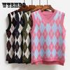 Свитер без рукавов в клетку, свободный студенческий вязаный свитер в студенческом стиле, топы на бретелях для женщин