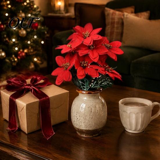 Synthetic Flower Bouquet for Decoration Artificial Poinsettia Flowers, Christmas Red with Berries, Faux Silk Seasonal Home Decor Winter Holidays