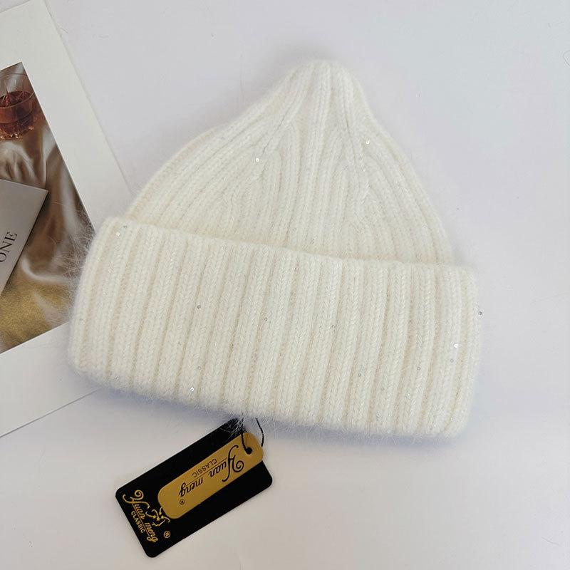 Lazy wind solid color sequined knitted pullover hat female sweet autumn and winter thickened warm wool hat headgear tide