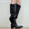 Острый носок грубые женские высокие сапоги на среднем каблуке кожаные модные сексуальные зимние туфли 2025 трендовые готические туфли-лодочки до колена Botas De Mujer