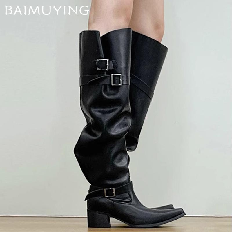Острый носок грубые женские высокие сапоги на среднем каблуке кожаные модные сексуальные зимние туфли 2025 трендовые готические туфли-лодочки до колена Botas De Mujer