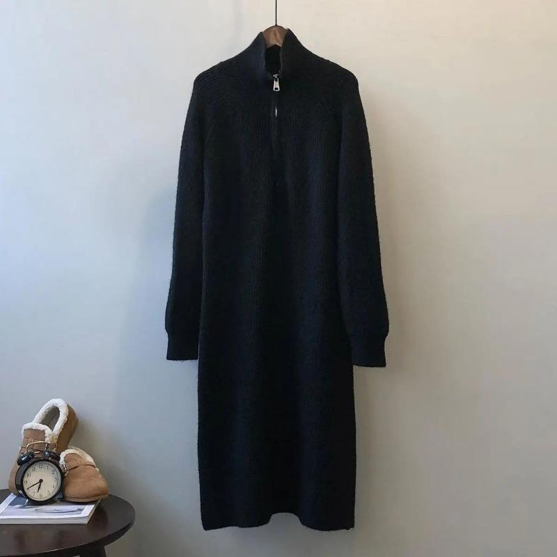 Вязаное платье-свитер с застежкой-молнией и лацканами, женское осенне-зимнее длинное шерстяное платье с высоким воротом, прямое французское платье с длинными рукавами, женское