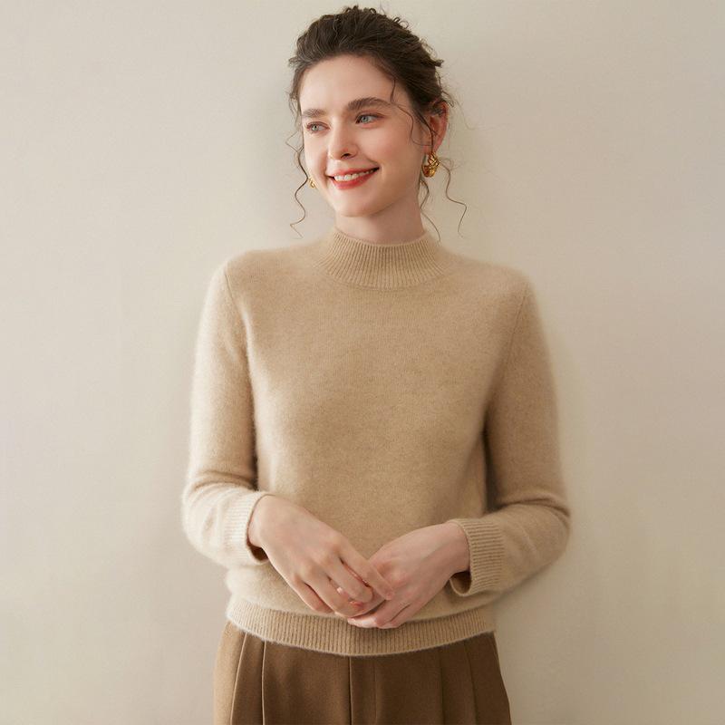 Women's Thickened Cashmere Long Sleeve Pullover - Half-High Neck, 100% Pure Knit for Autumn/Winter