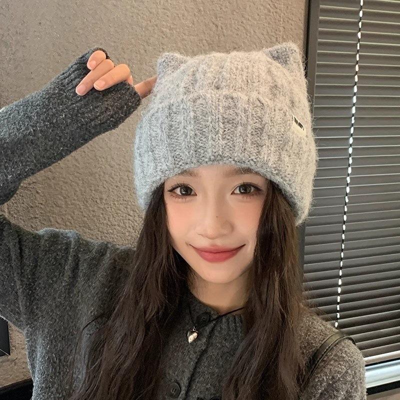 1pc Women's  Winter New Cat's Ears Cute Wool Hat,Korean Version Thickened Warm Knitting Hat,casual and Versatile Daily Going Out