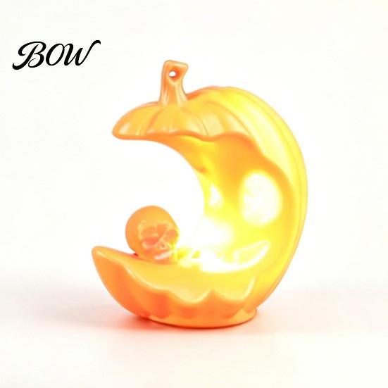 Lightweight Plastic Ornament LED Light-Up Halloween Pumpkin Moon Figurine, Spooky Face Crescent Desktop Prop for Home Skull Night Light Shelf