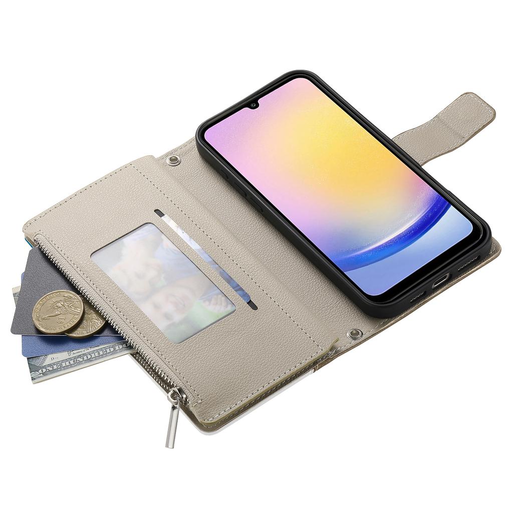 Для Samsung Galaxy A25 5G (Глобальный) (161.0мм) Чехол-кошелек на молнии, кожаный откидной чехол для телефона с ремешками, цветная вставка