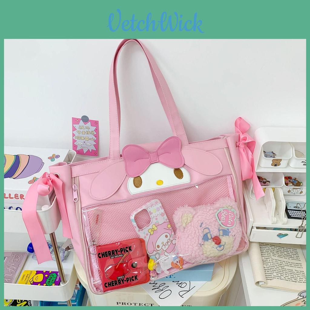 Kuromi My Melody Design Women Casual Tote Bag With Transparent Compartment For Everyday Outfits