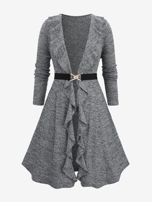 Rosegal Plus Size Ruffles Ruched Marled Ted Knitted Long Sleeves Cardigan