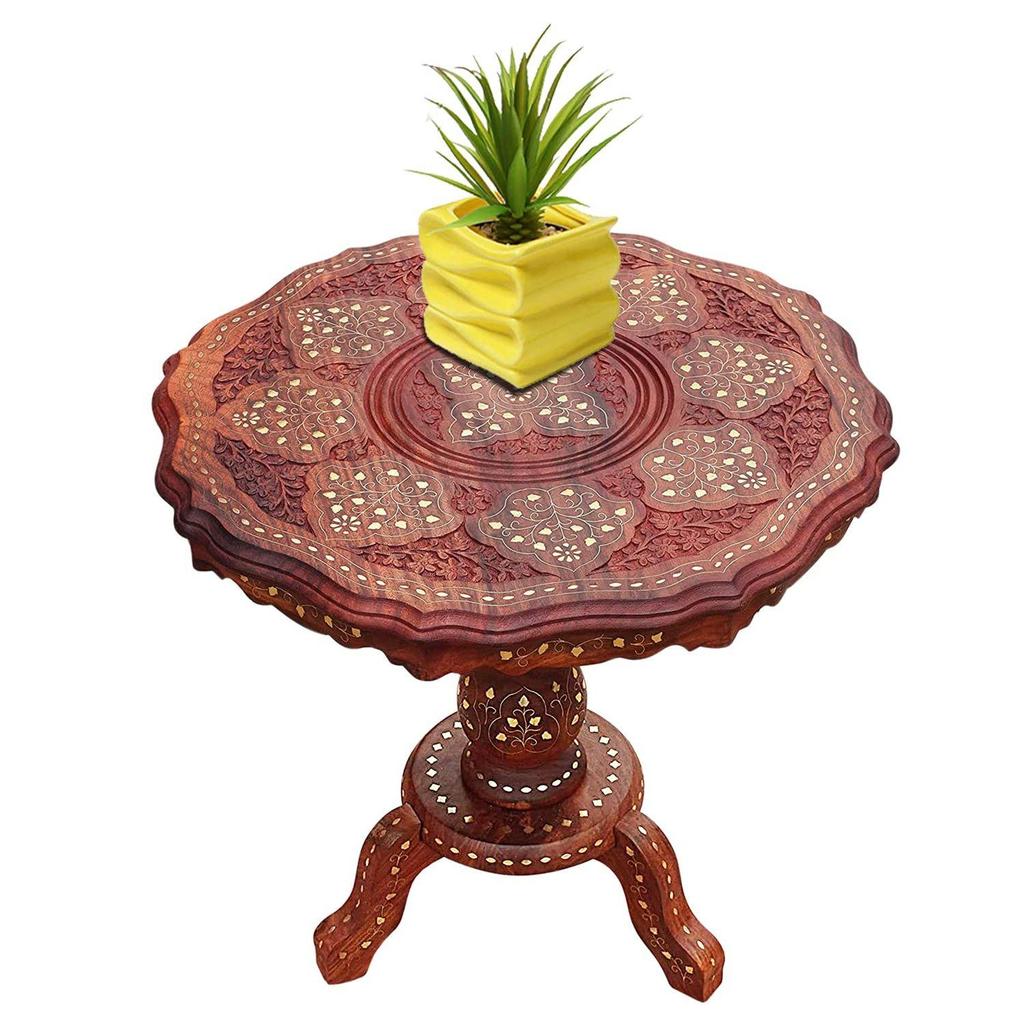 Sheesham Wooden Side Table with Brass Carving – 21x21 Inch Round Coffee Table, Handcrafted Living Room & Outdoor Accent Table