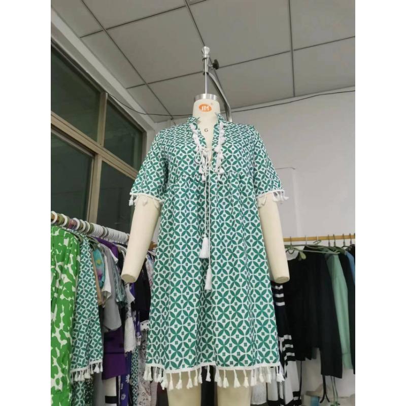 Women's Summer New Printed V Neck Fringe Five Quarter Sleeve Dress