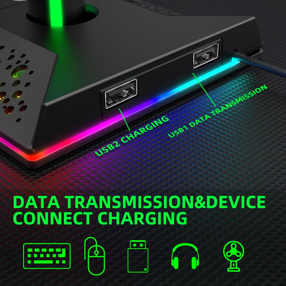 Eb01-b Игровая RGB гарнитура с поддержкой подсветки, стойка для наушников с двойным USB-интерфейсом, настольный держатель, подставка для USB-гарнитуры
