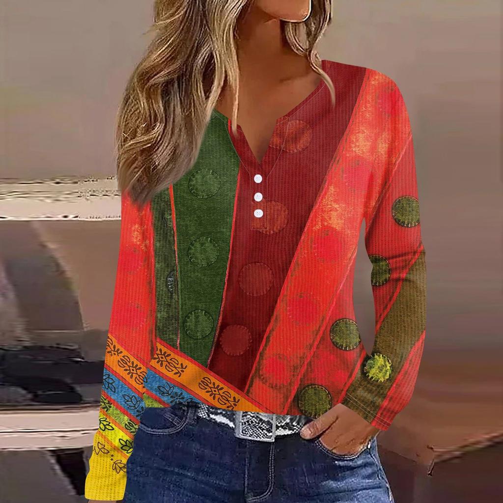 Женская футболка с принтом на пуговицах, длинный рукав, вязаный свитер, повседневный, модный, на выходные, базовый, с V-образным вырезом, обычный топ
