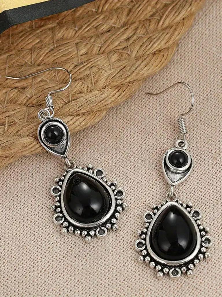 1pair Vintage Black Drop Dangle Earrings,Black Synthetic Gemstone Geometric Triangle Hollow Out Design Boho Jewelry Accessories for Women Daily Wear
