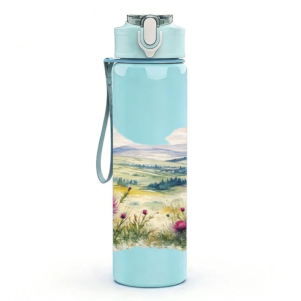 1PC Soft Pastel Mountain Lake Landscape Print 750ml Color Plastic Sports Water Bottle Leakproof Flip Straw Lid Suitable for Sports Office Home Use