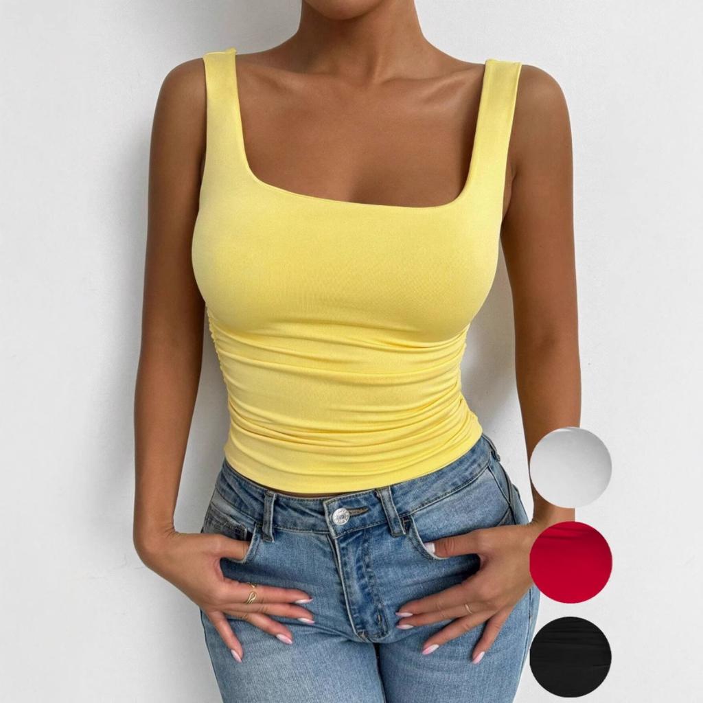 Women's Sleeveless Camisole Vest with Square Neckline, Casual Basic Style, Exposed Navel Top