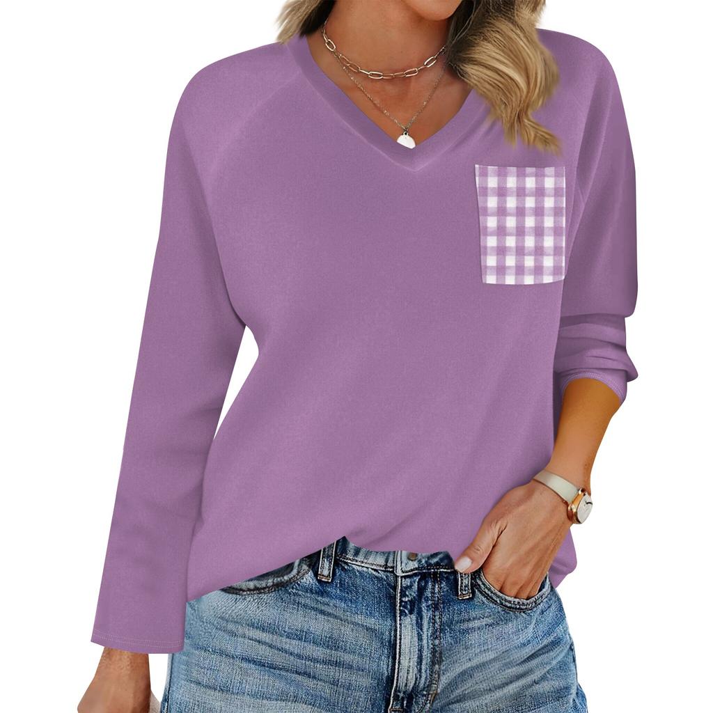 Женская футболка реглан с длинным рукавом, V-образным вырезом, вставками однотонного цвета, повседневный топ-пуловер, V-образный вырез, карман, базовая рубашка