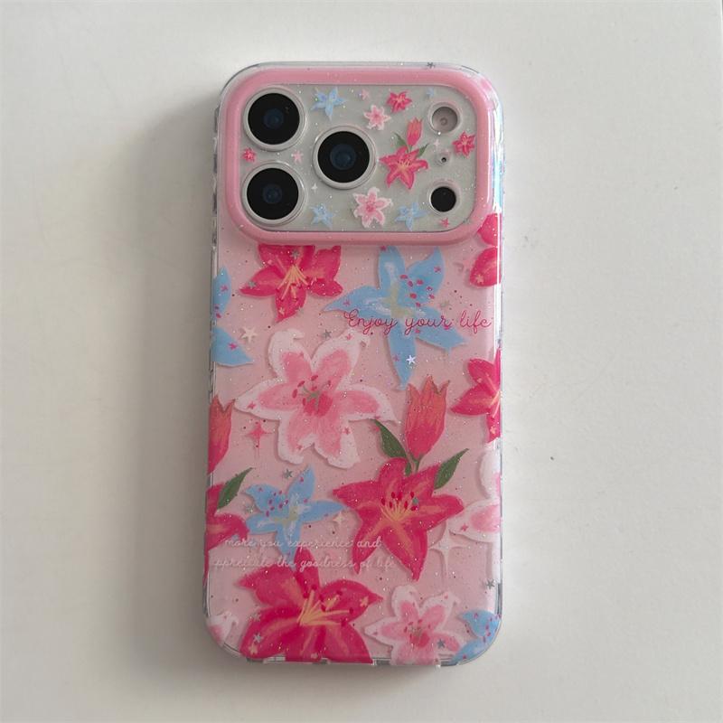Kawaii Pink Blue Lily Floral Glitter Phone Case With Colorful Beaded Wrist Strap For iPhone 14 15 16 17 Pro Max INS Sweet Style