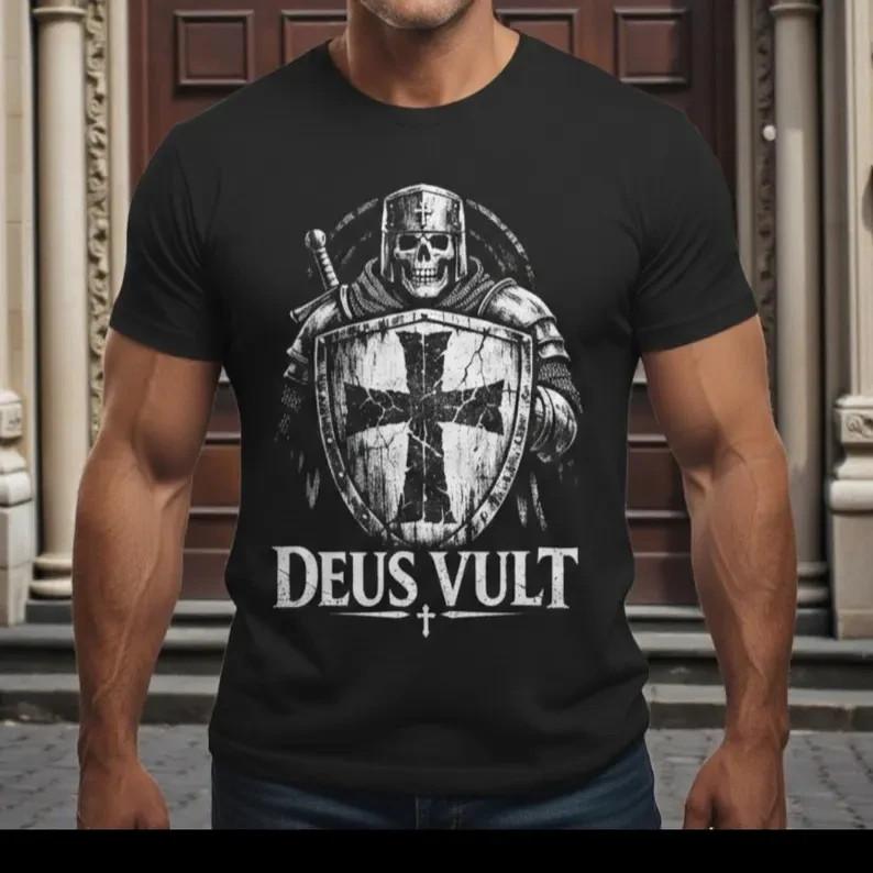 Deus Vult Skeleton Crusader Shield Cross T Shirt | Christian Knight