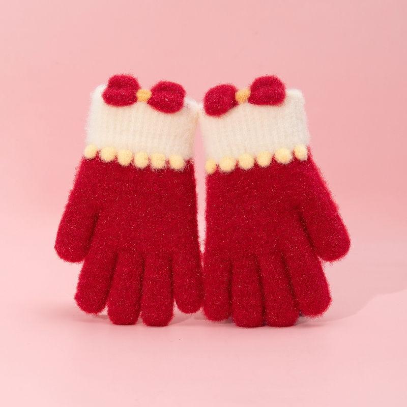 Защищающие от холода осенне-зимние перчатки, утолщенные, с бантом, полнопалые, детские вязаные перчатки, ветрозащитные, термо, толстые снежные перчатки