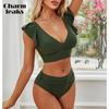 Women's Two Piece Bikini Set Lotus Leaf Sleeves V Neck Padded Swimsuit Solid Color with High Waist Swimming Bottom