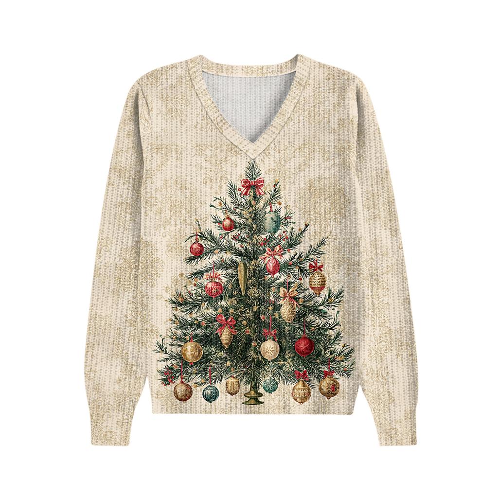 Women's Cute Sweatshirt Knitted Fashion Casual V-neck Long-sleeved Cozy Print Top