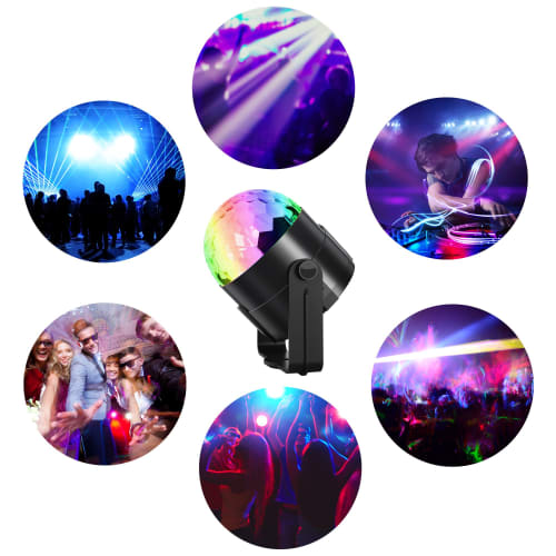 Fooxon Sound-Activated DJ Disco Light, Rotating Ball Light, 5W, 8 Modes, RGB LED Stage Light for Outdoor, Holiday, Dance Parties, Birthdays, Bars, Kar