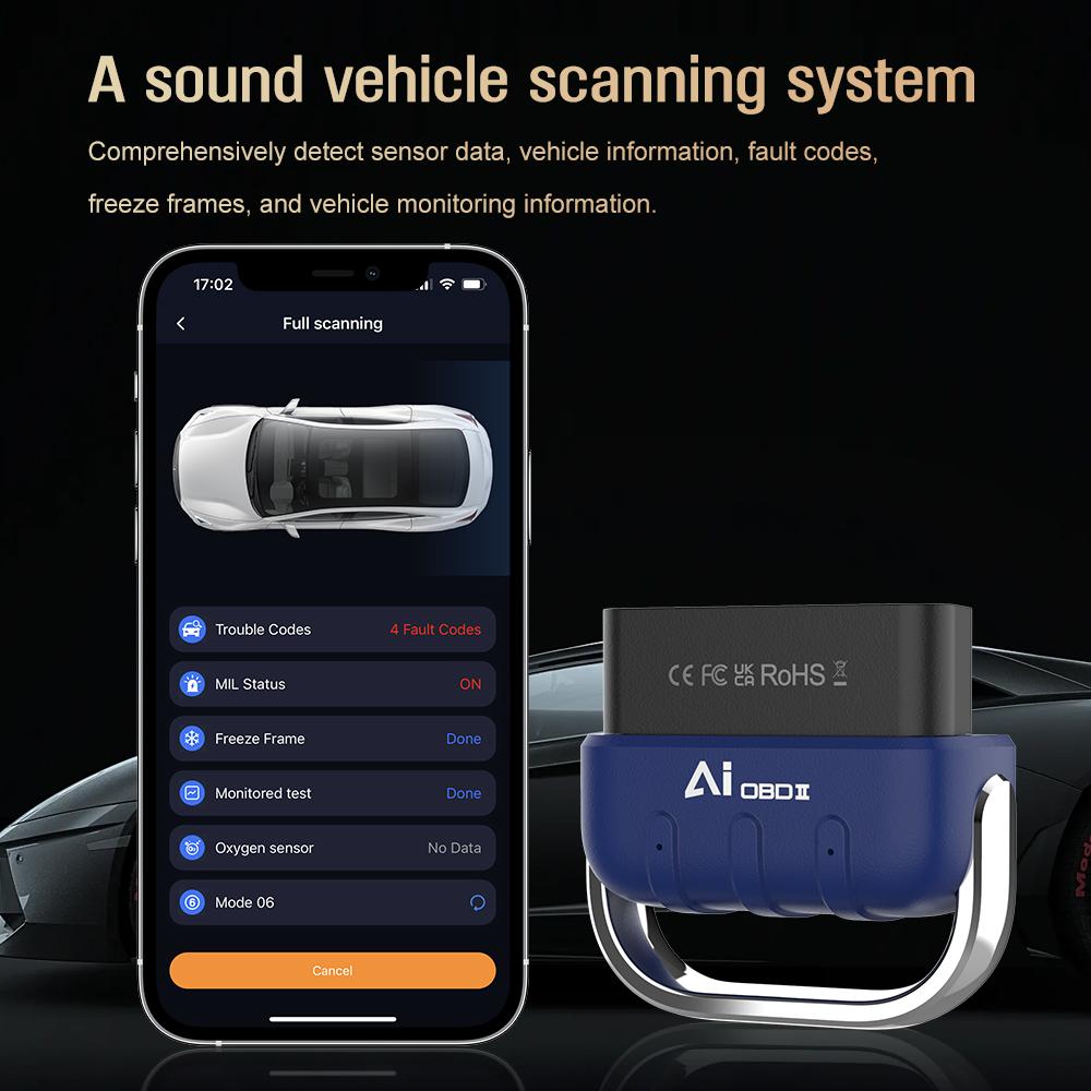 Bluetooth OBD2 Сканер Диагностический Инструмент с ИИ-Руководствами по Ремонту, Беспроводной OBD2 Сканер с Тестом Аккумулятора и Готовностью Live Data, для iOS и Android/Бесплатное Приложение