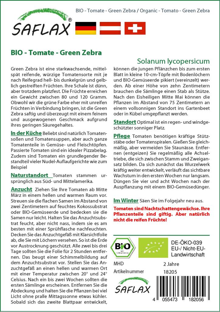 SAFLAX Garden in the Bag - Органический - Помидор - Зеленая зебра - 10 семян - С субстратом в подходящем пакете - Solanum lycopersicum