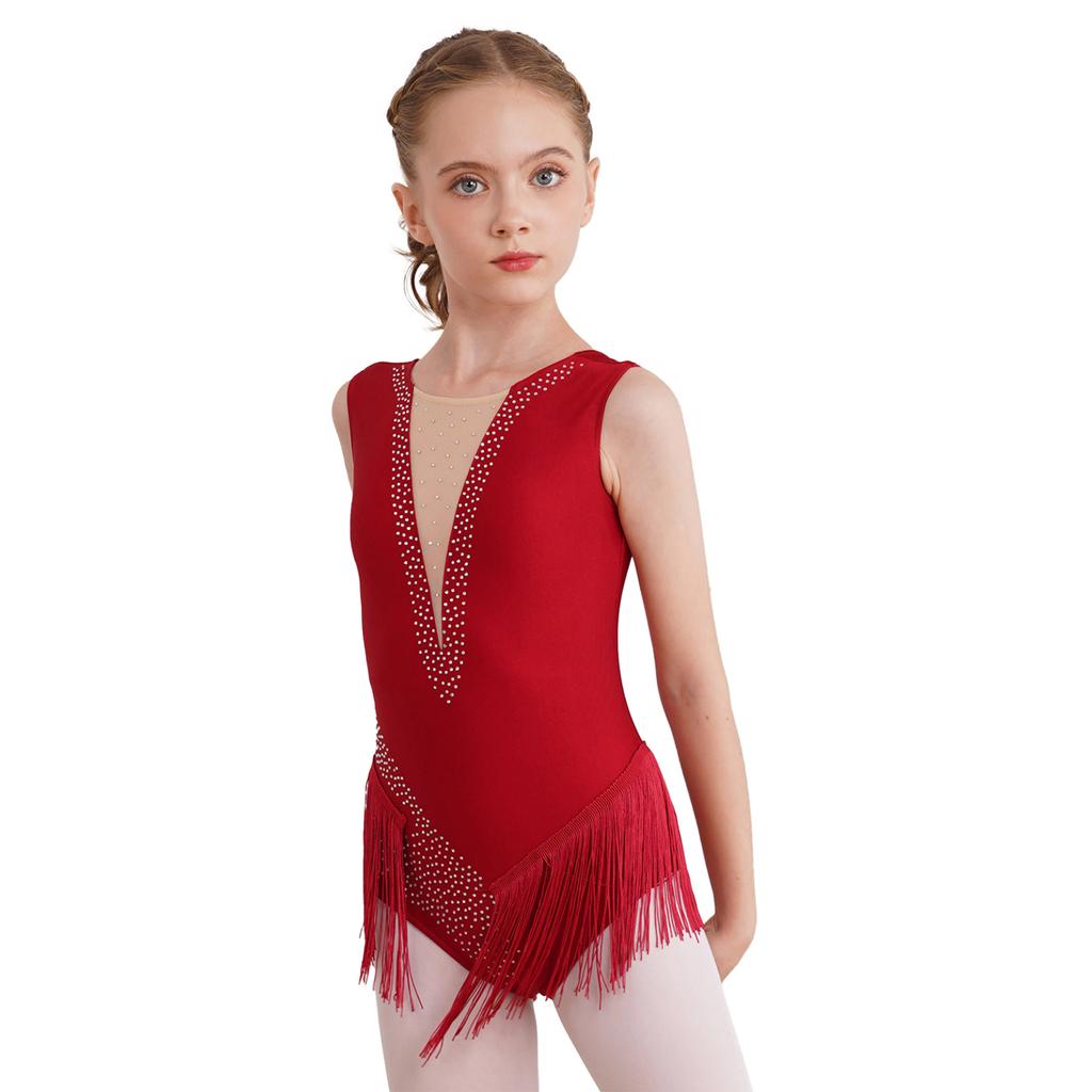Kids Girls Shiny Figure Skating Sleeveless Leotard Rhythmic Gymnastics Fringed Bodysuit